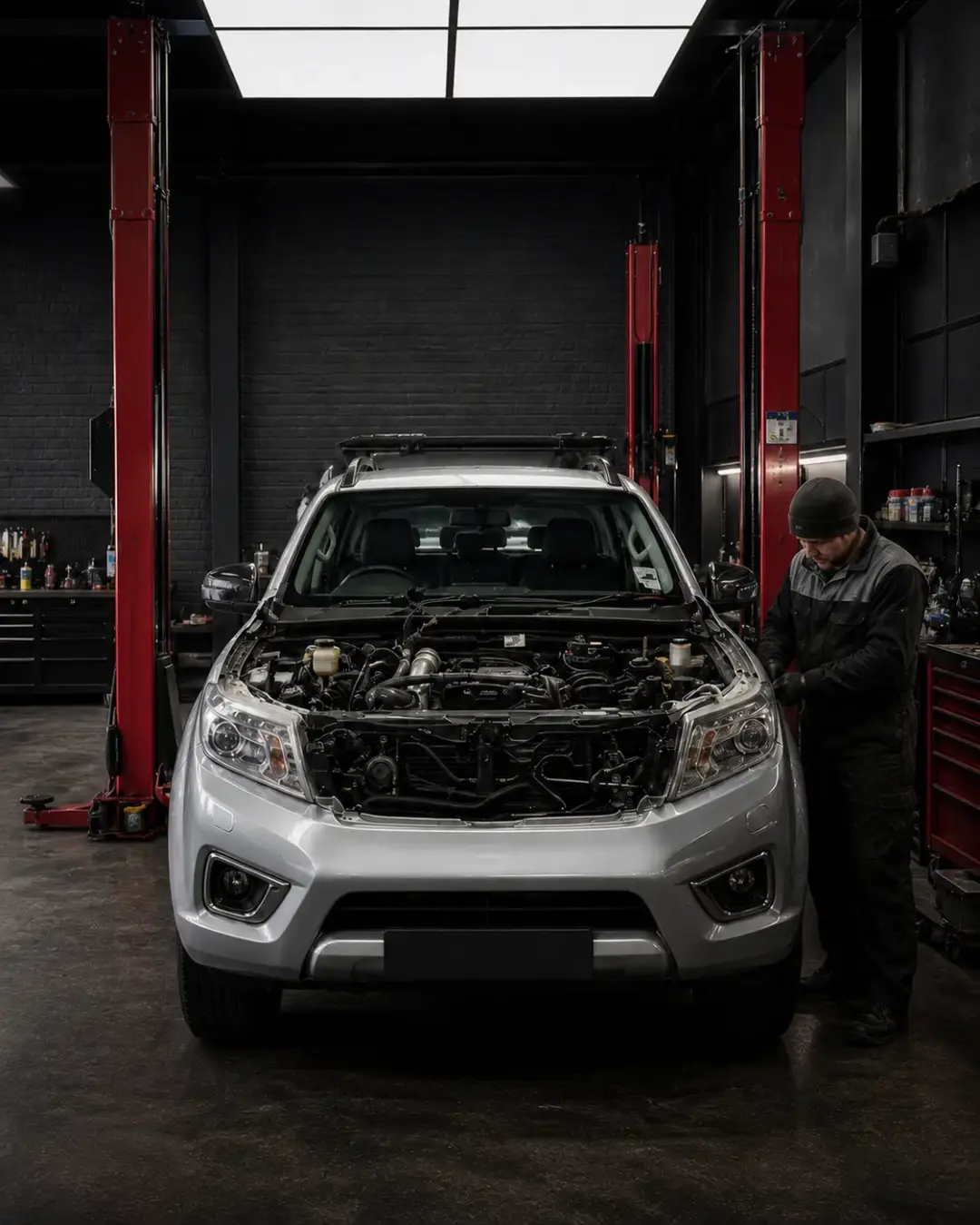 Silver diesel 4x4 undergoing engine repair in the Gee Diesel Services workshop
